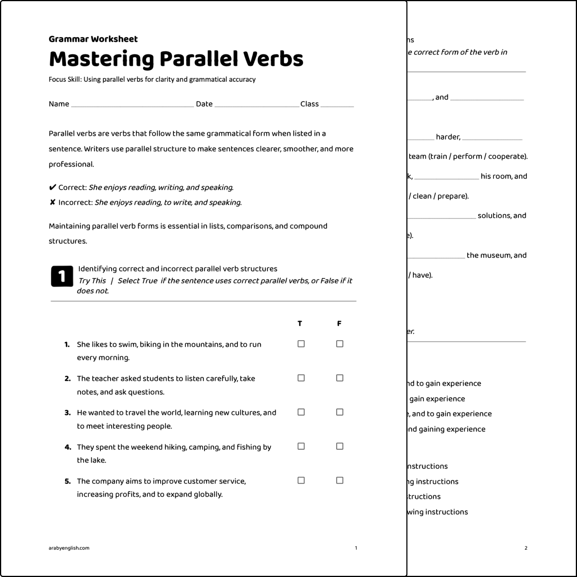 Grammar Worksheet: Mastering Parallel Verbs