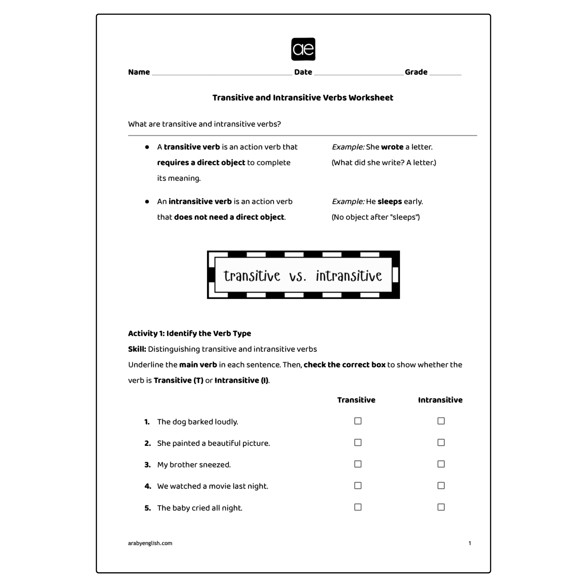 Transitive and Intransitive Verbs Worksheet