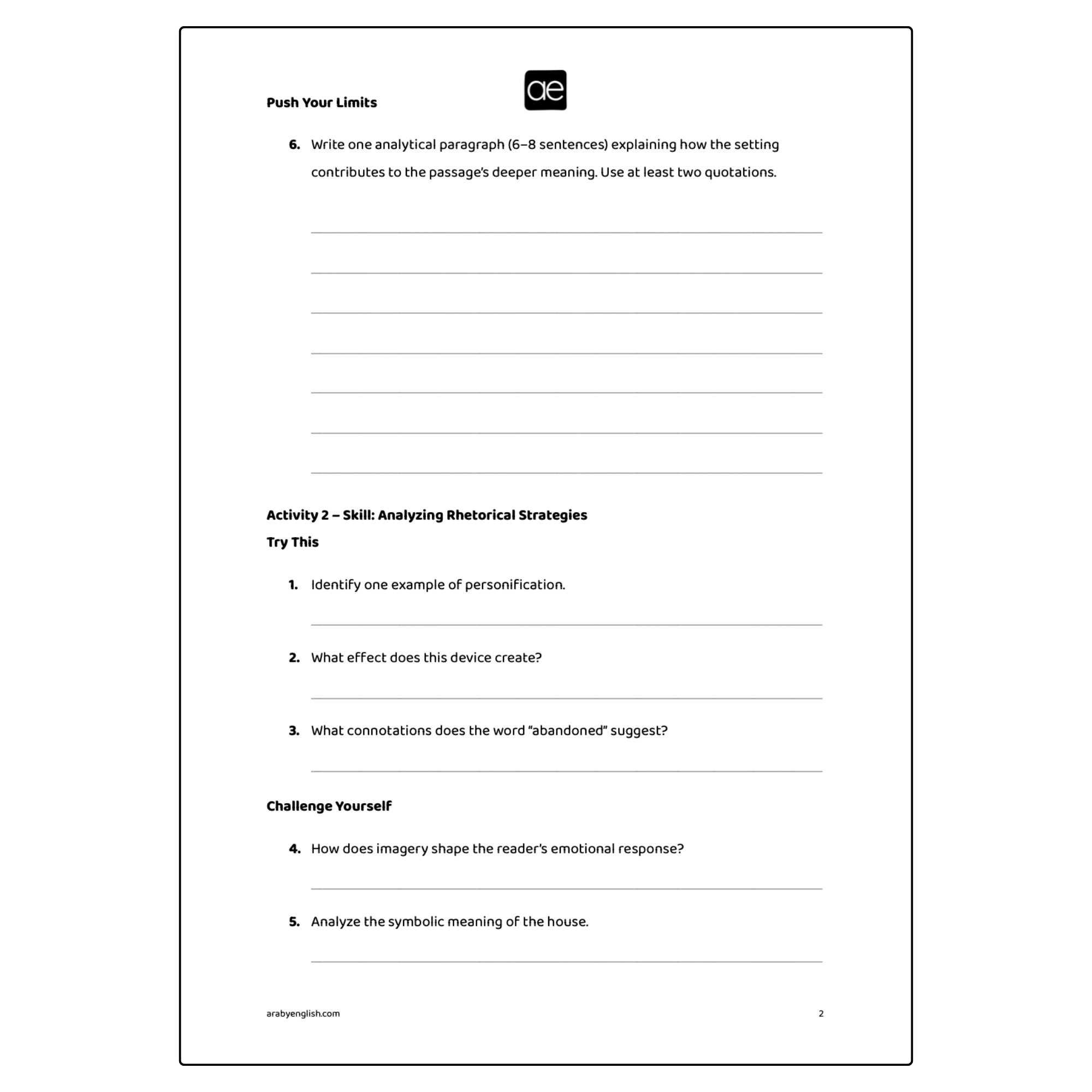 Writing Worksheet:  Literature Analysis