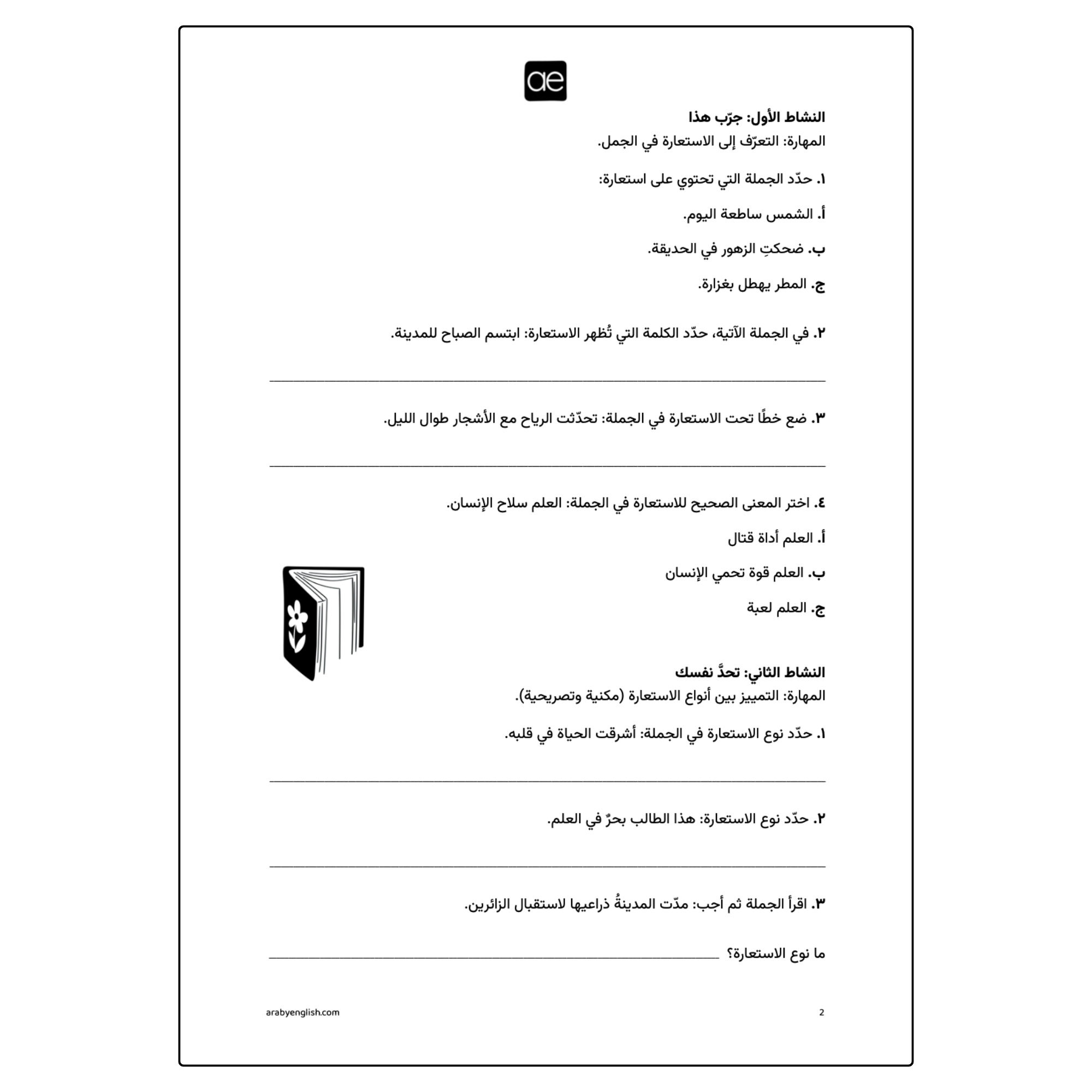 ورقة عمل: الاستعارة وأنواعها وتحليل جمالياتها في النصوص