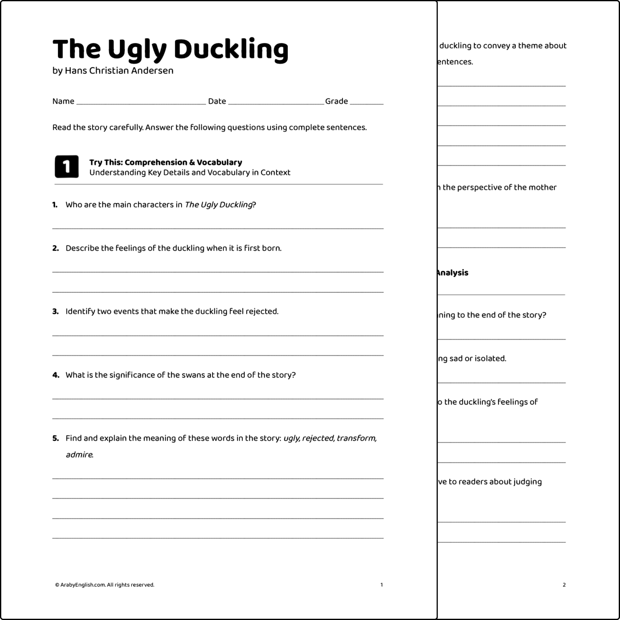 Grade 9 Reading Worksheet: The Ugly Duckling by Hans Christian Andersen