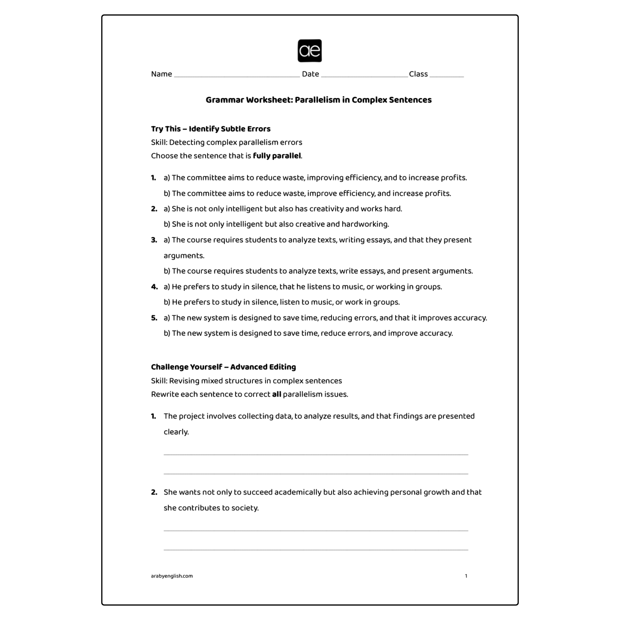 Grammar Worksheet: Parallelism in Complex Sentences
