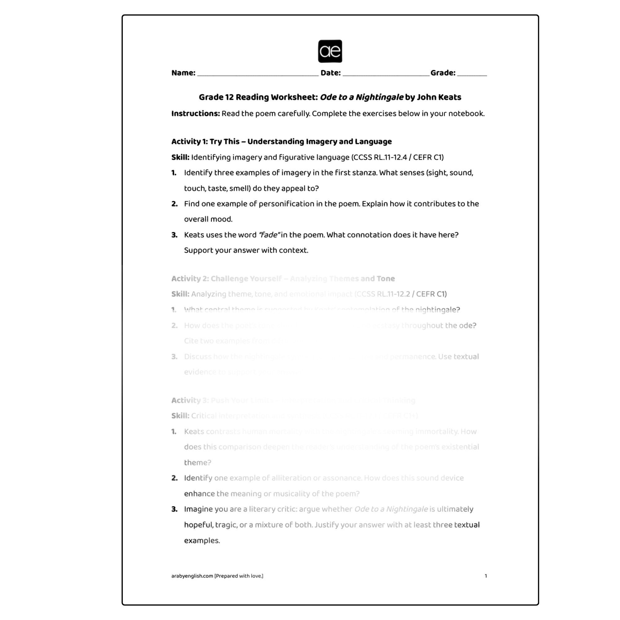 Grade 12 Reading Worksheet: Ode to a Nightingale by John Keats