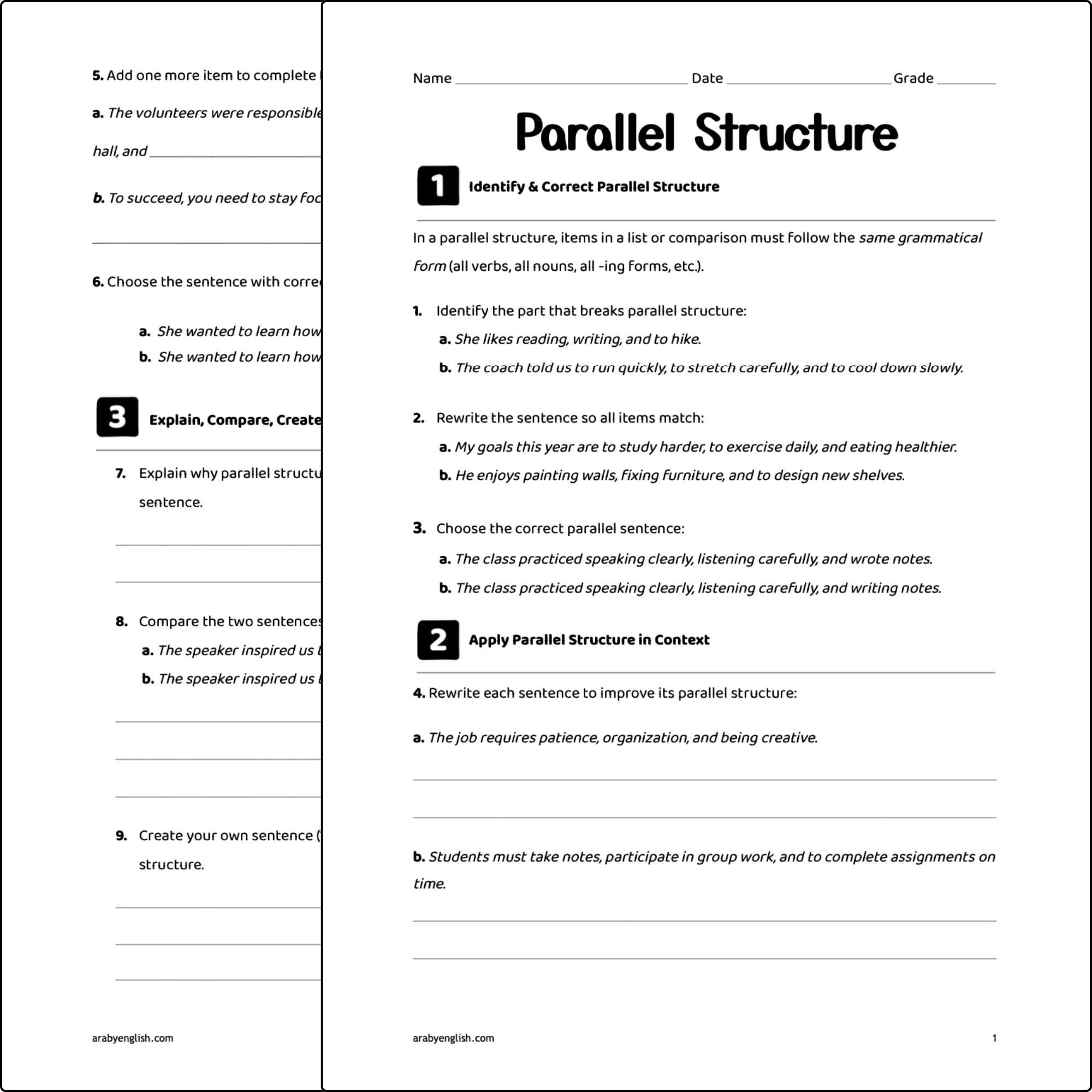 Grade 8 Worksheet: Parallel Structure
