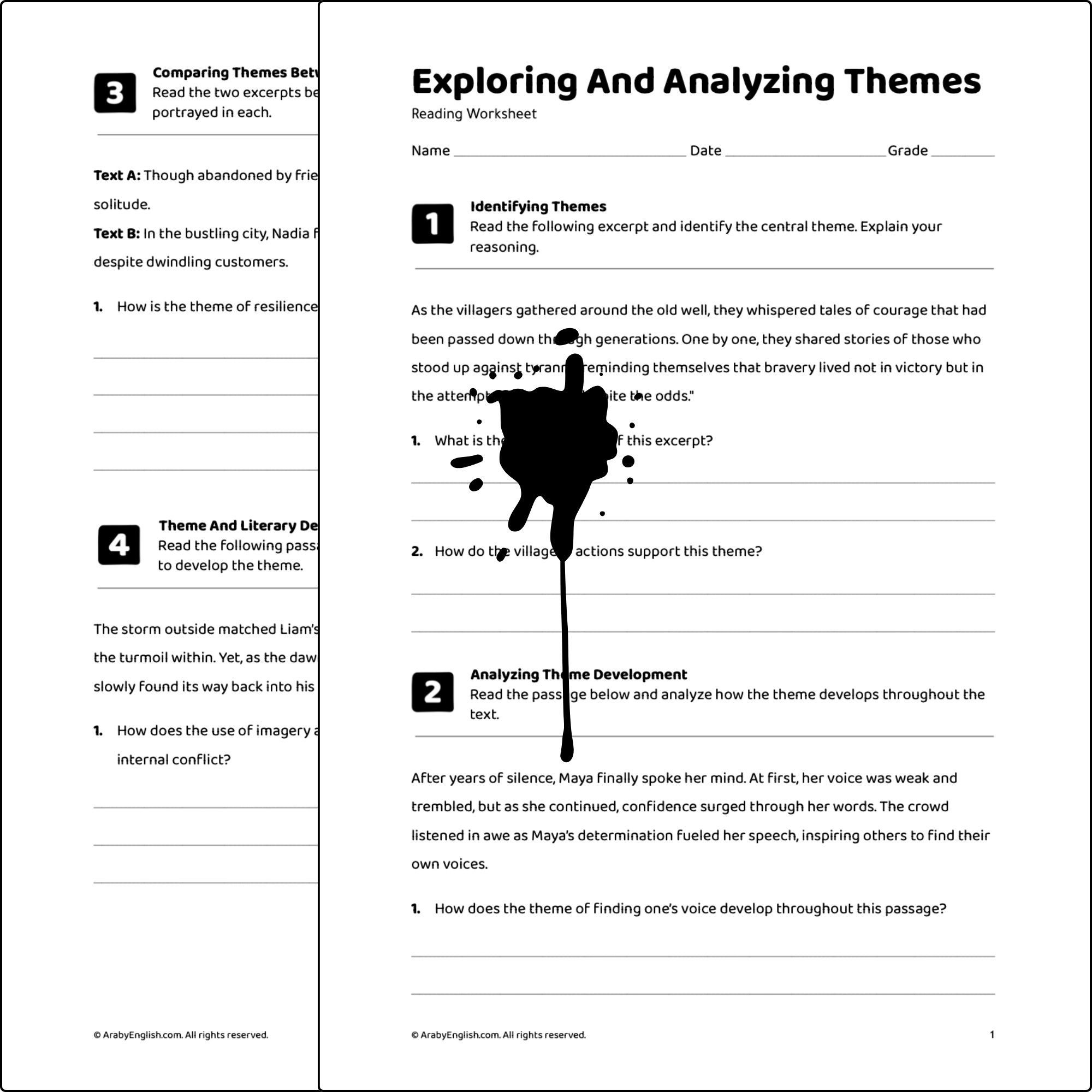 Grade 9 Worksheet: Exploring and Analyzing Themes