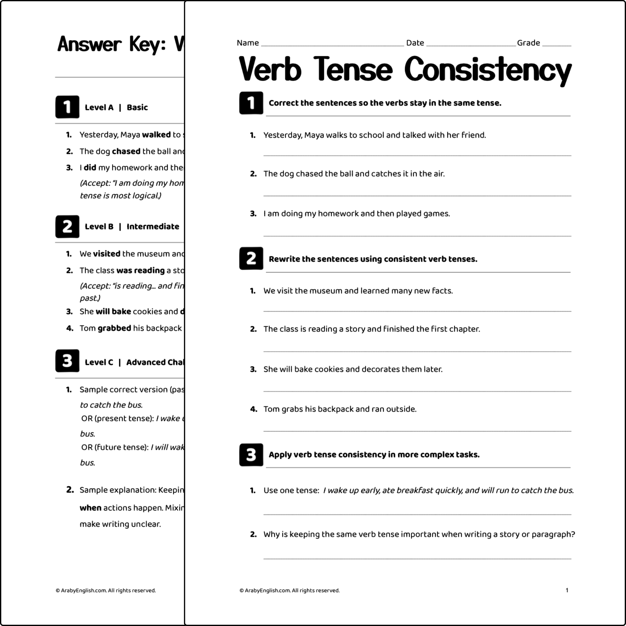 Grammar Worksheet: Verb Tense Consistency