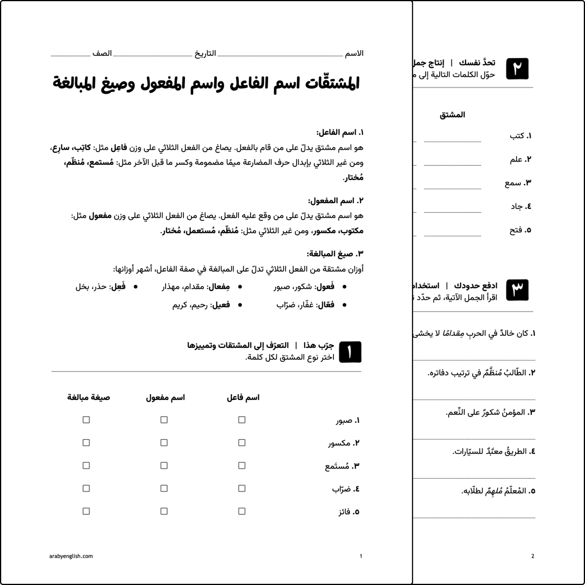 المشتقّات اسم الفاعل واسم المفعول وصيغ المبالغة