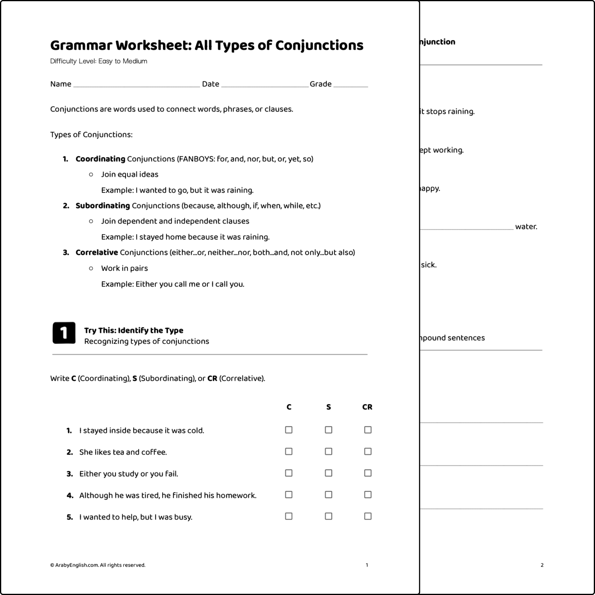 Grammar Worksheet: All Types of Conjunctions