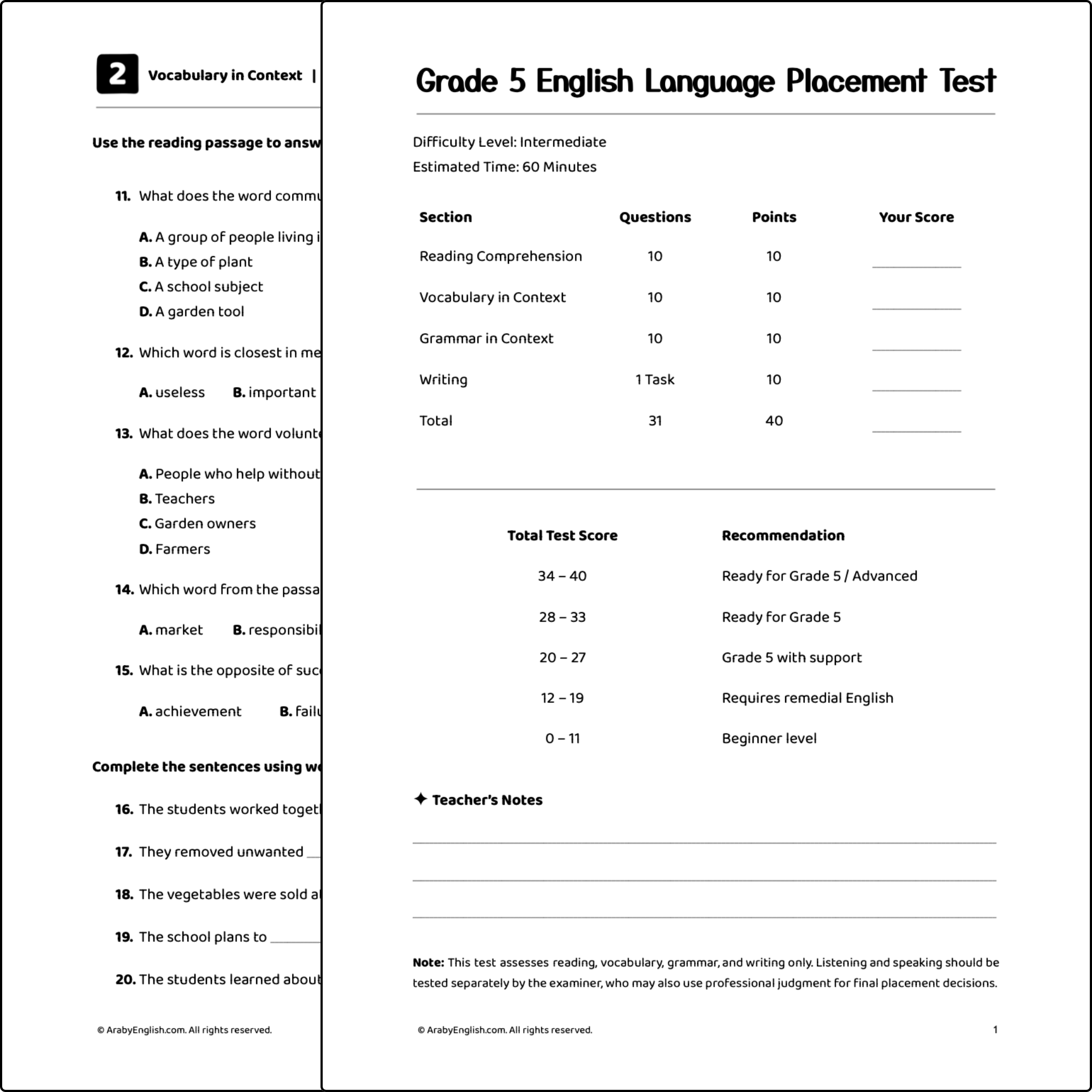 Grade 5 English Language Placement Test