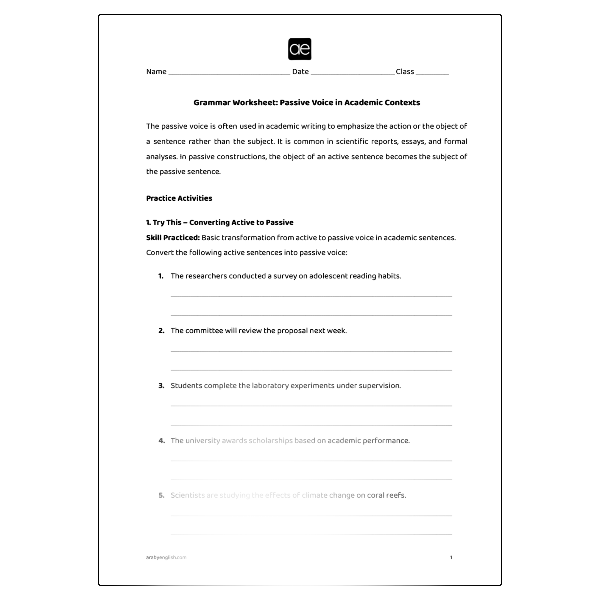 Grammar Worksheet: Passive Voice in Academic Contexts