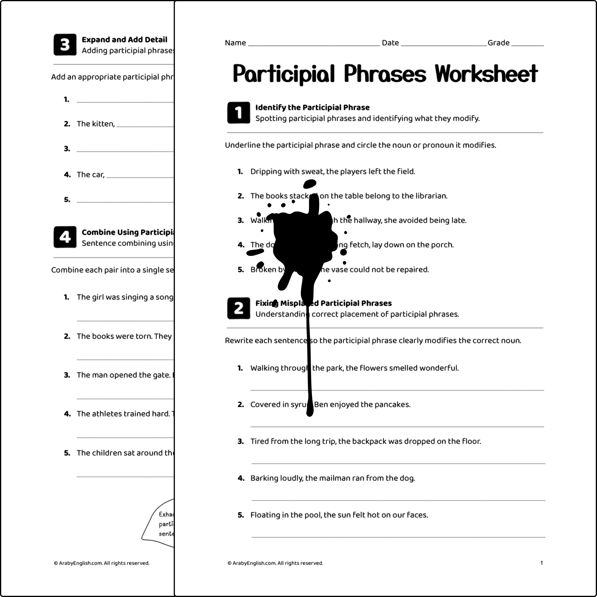 Grade 7 Participial Phrases Worksheet