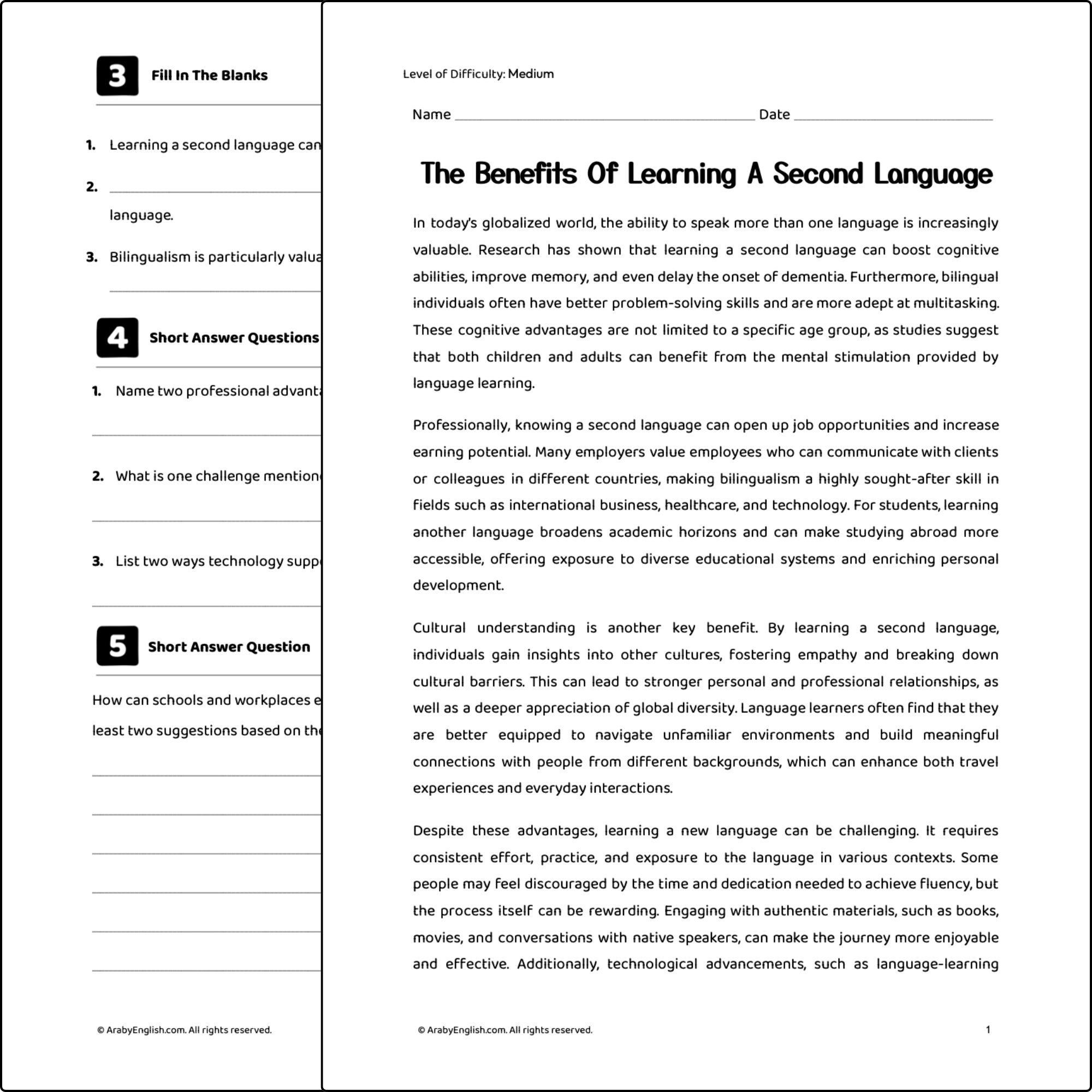 B2 Reading Passage: The Benefits of Learning a Second Language