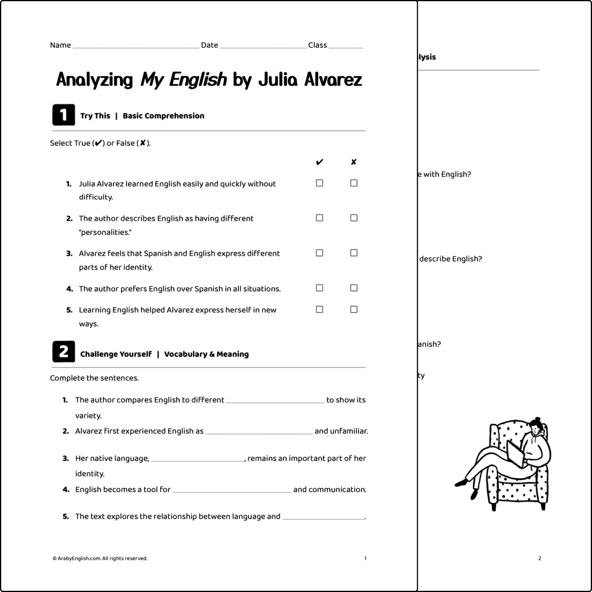 My English by Julia Alvarez Worksheet (Gr 9) | PDF Worksheet