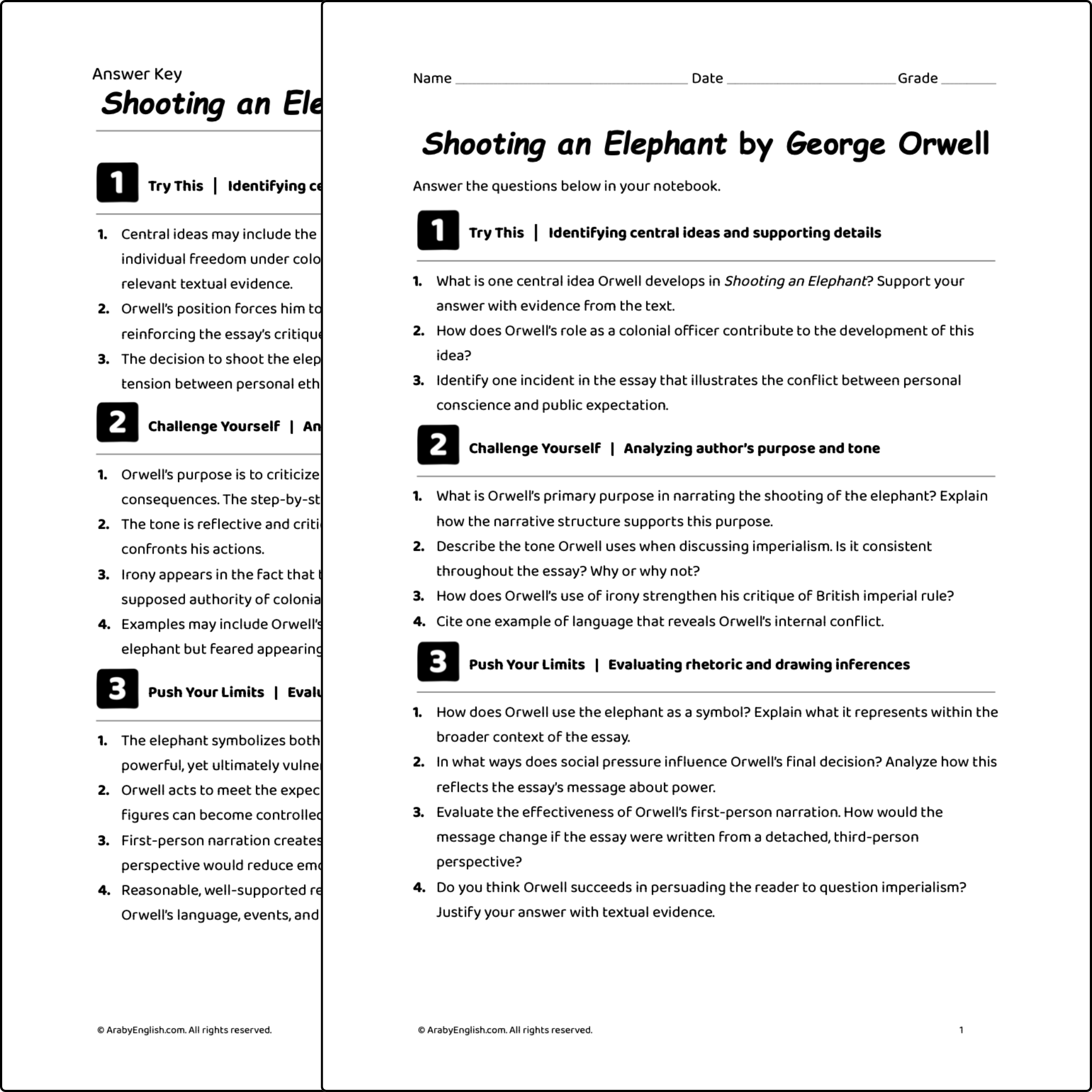 Grade 12 Reading Worksheet: Shooting an Elephant by George Orwell