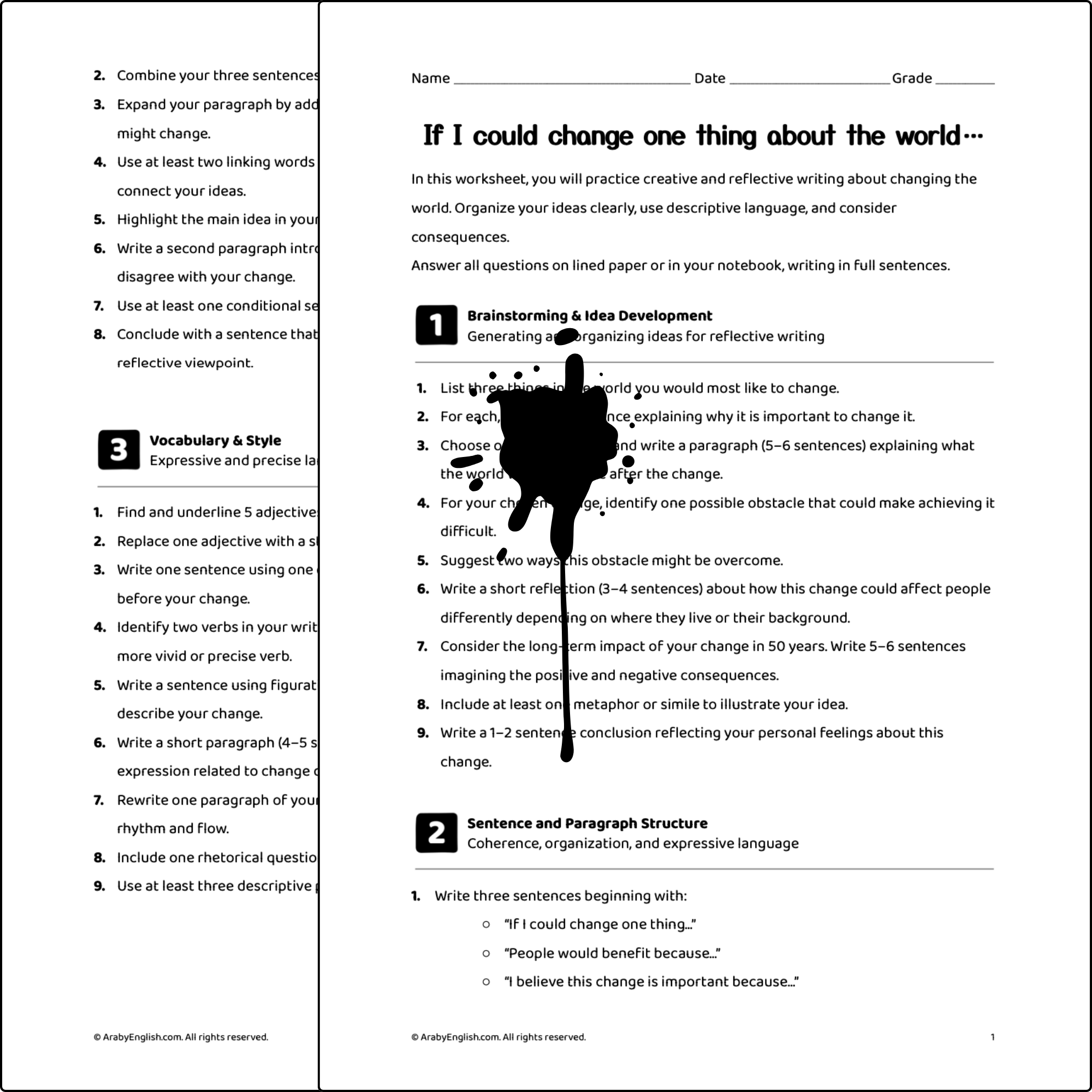 Reflective Writing Worksheet: If I could change one thing about the world…