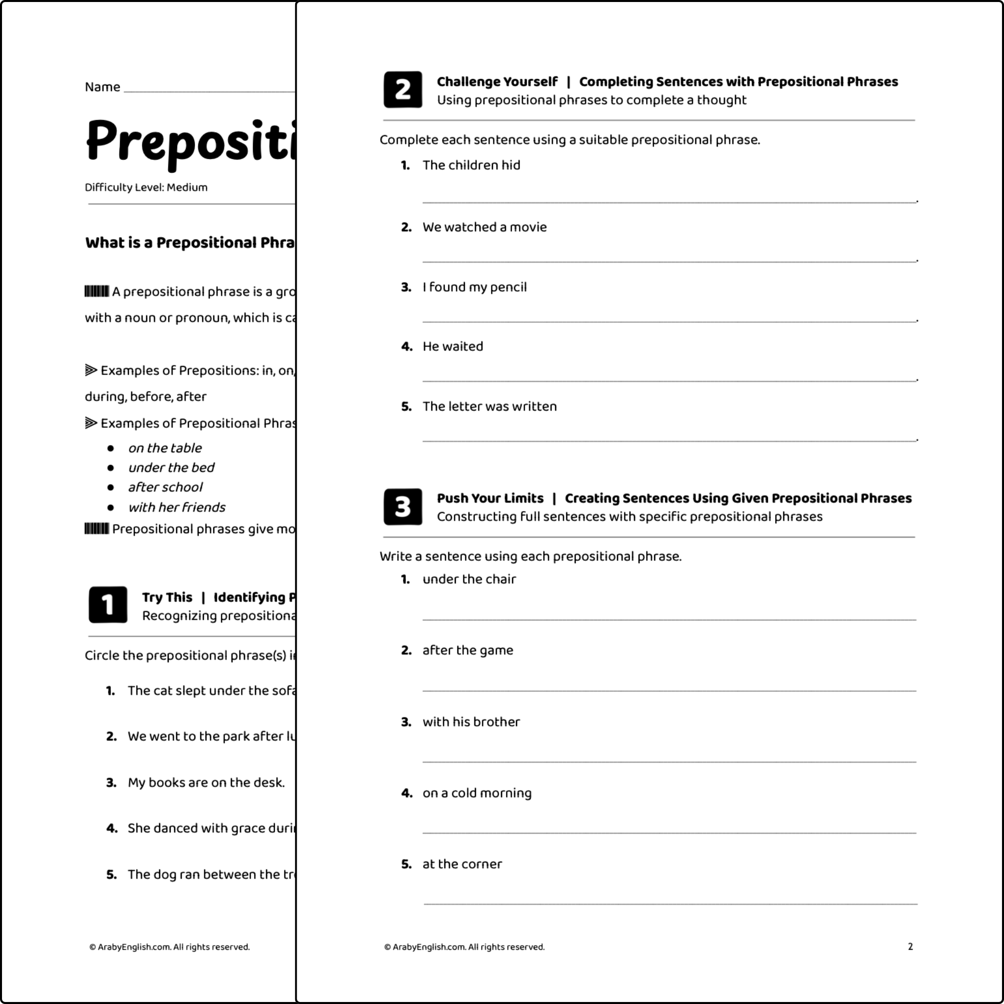 Grade 5-6 Prepositional Phrases Worksheet
