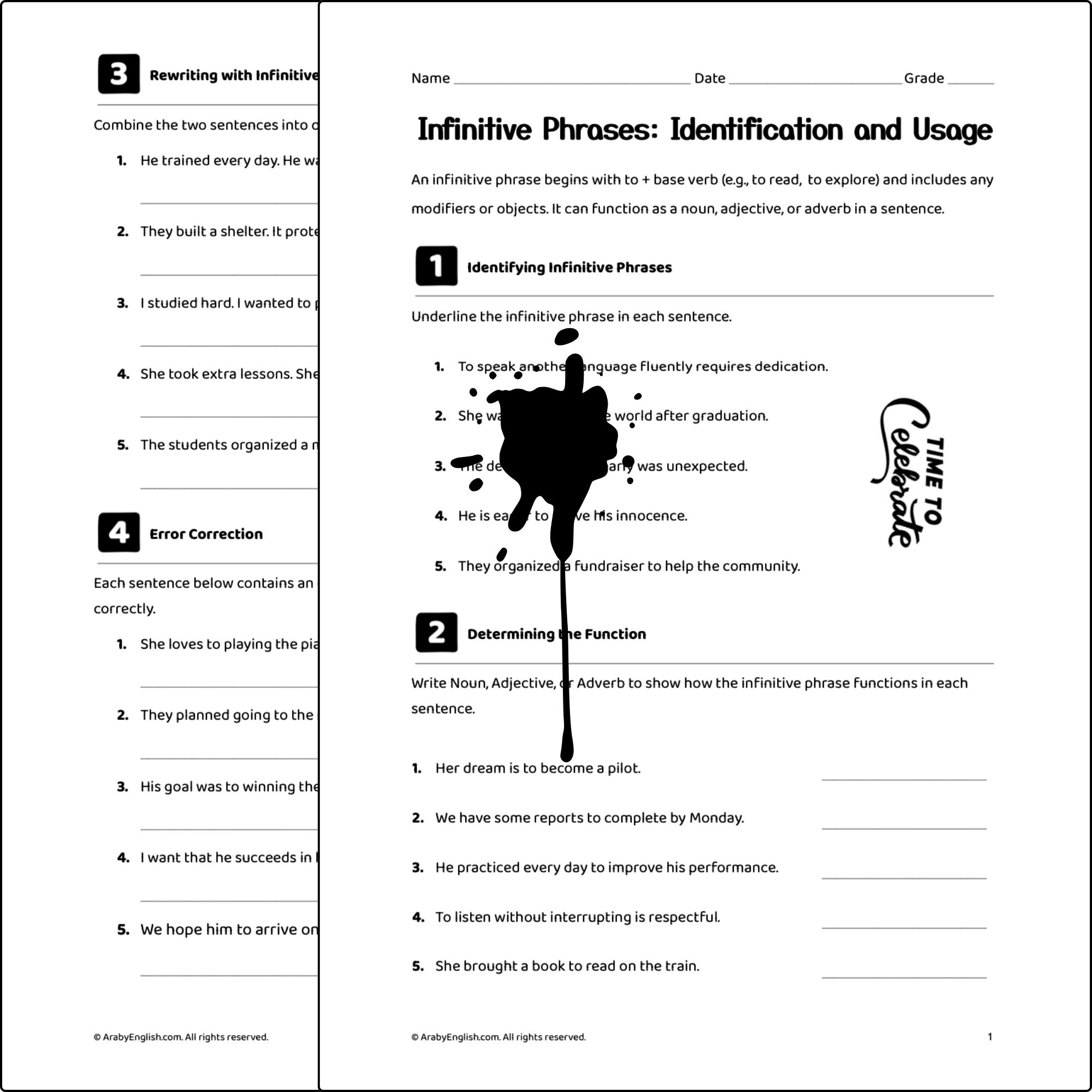 Grade 9–10 worksheet on infinitive phrases