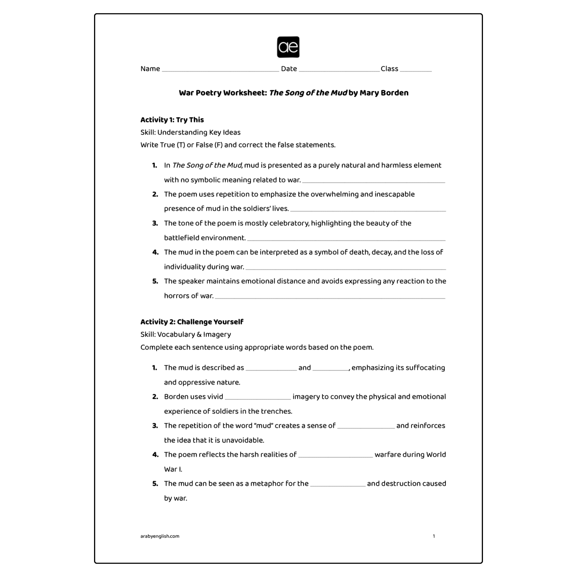 War Poetry Worksheet: The Song of the Mud by Mary Borden