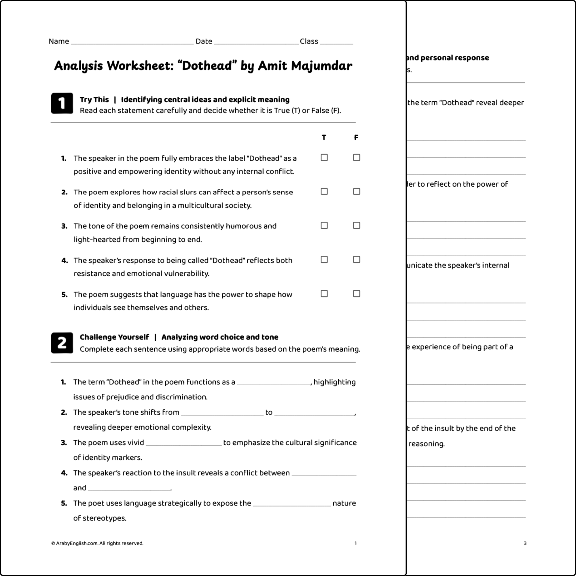 Reading & Analysis Worksheet: “Dothead” by Amit Majumdar