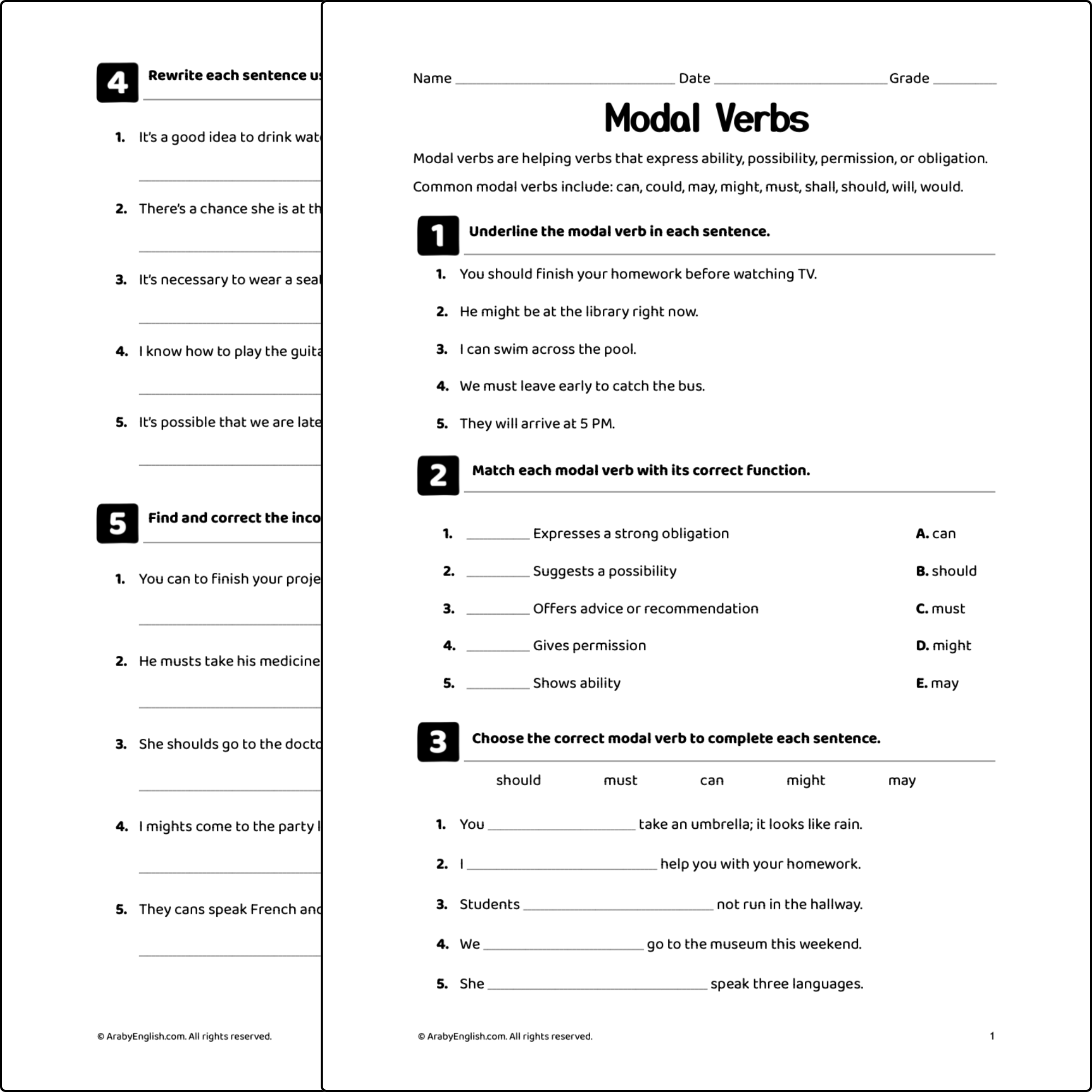 Grade 7 Worksheet: Modal Verbs