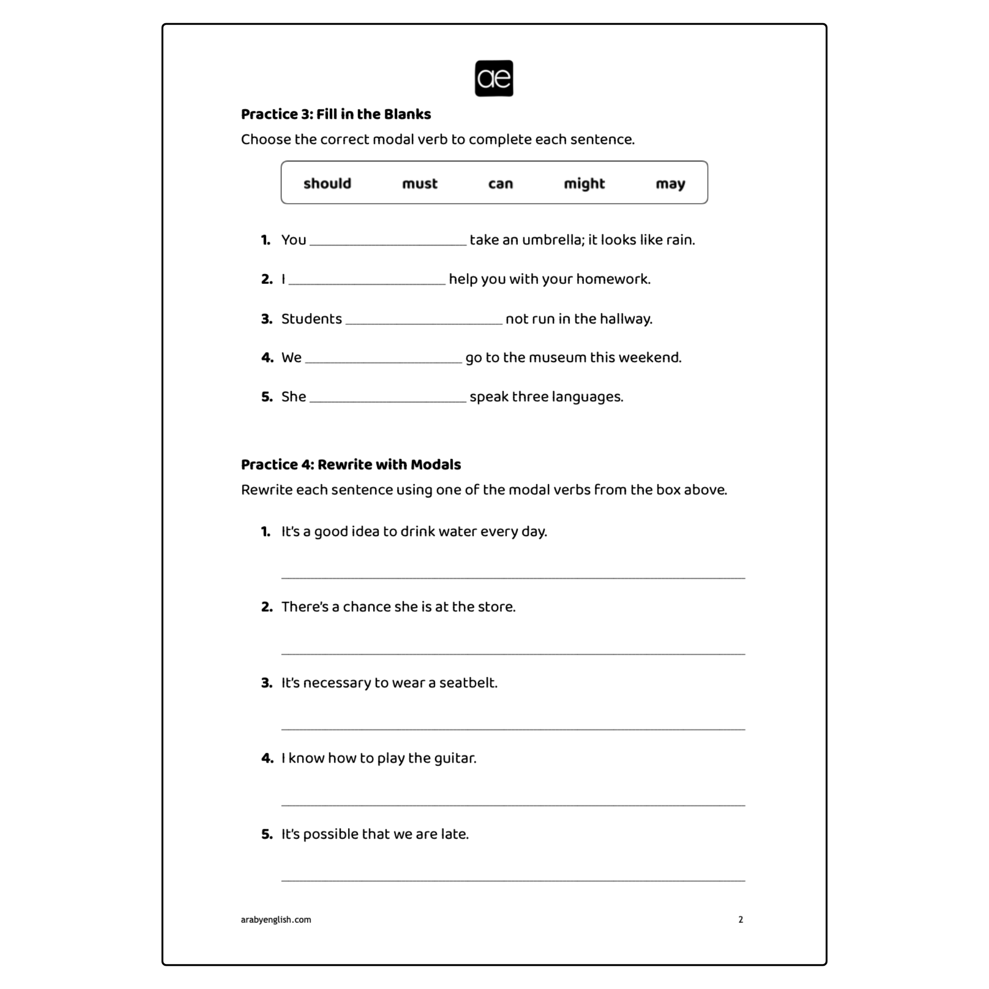 Grade 7 Worksheet: Modal Verbs