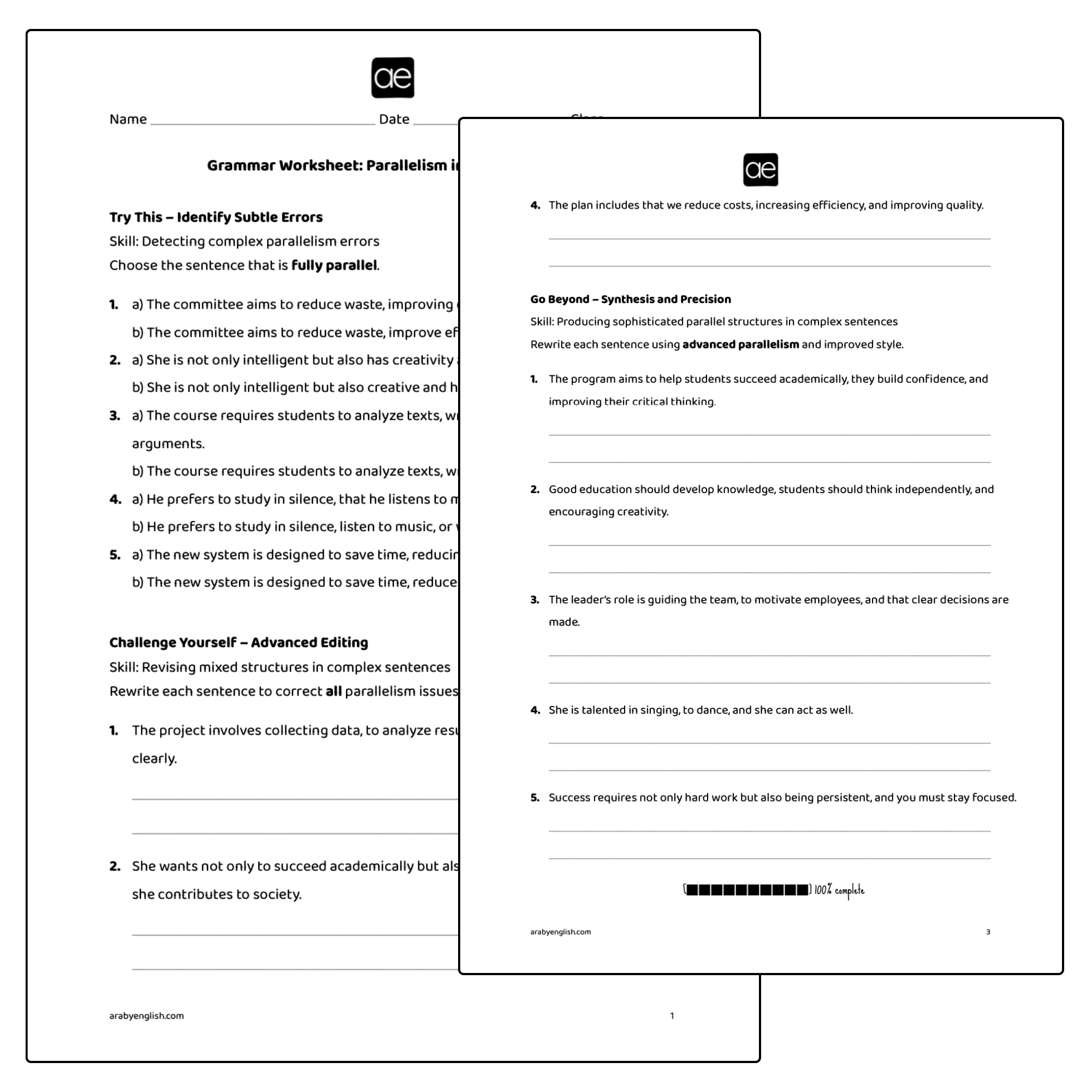 Grammar Worksheet: Parallelism in Complex Sentences