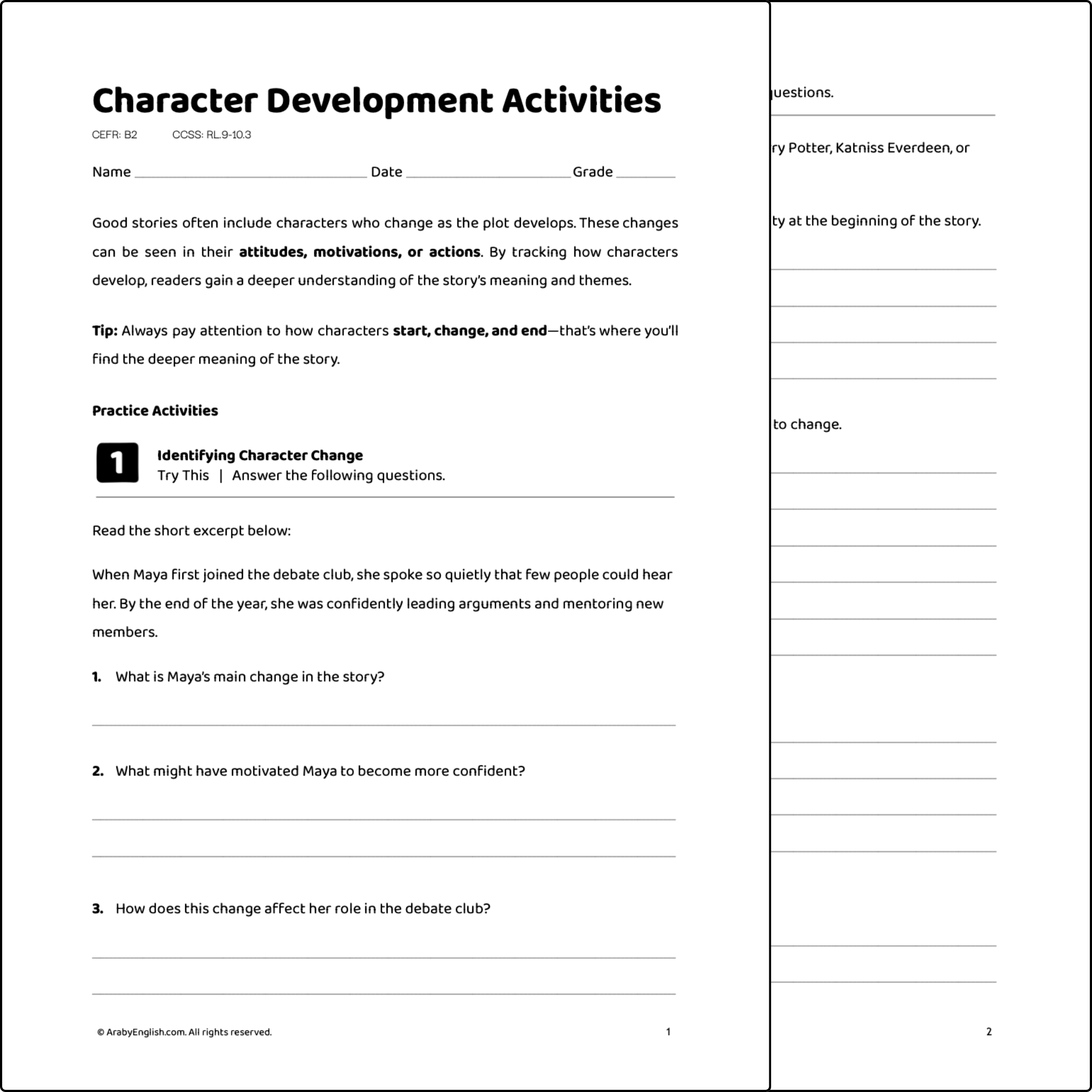 Character Development Differentiated Worksheet
