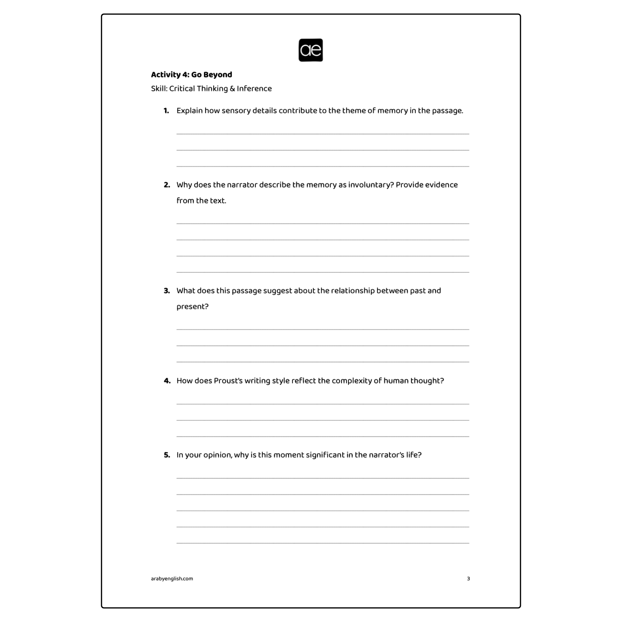 Reading Worksheet: The Madeleine by Marcel Proust