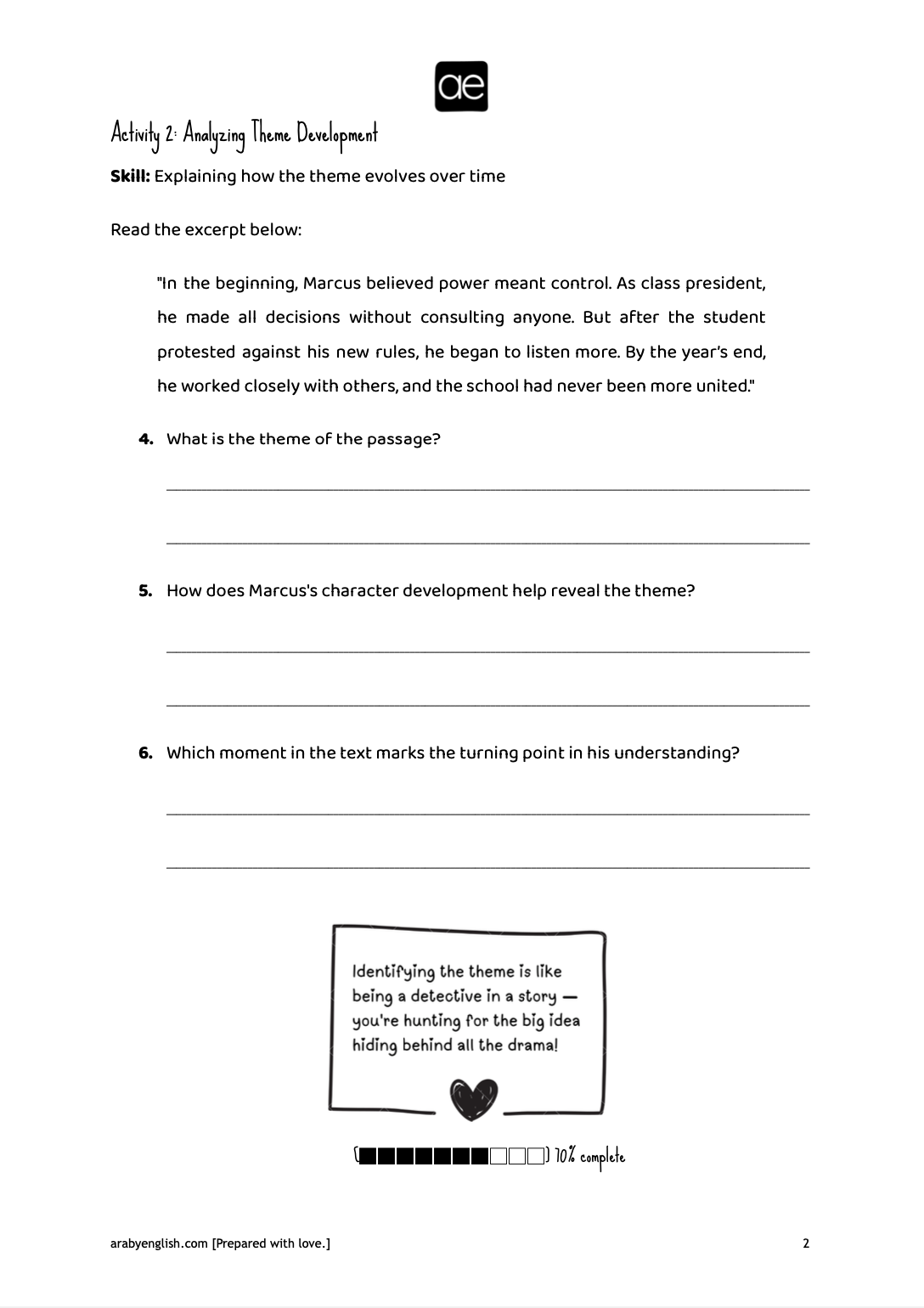 A worksheet with the title 'Activity 2: Analyzing Theme Development' and a quote from a story about Marcus believing power meant control, with questions about the story's theme, character development, and turning points. There is a note about identifying themes like a detective and a progress bar showing 70% completion.