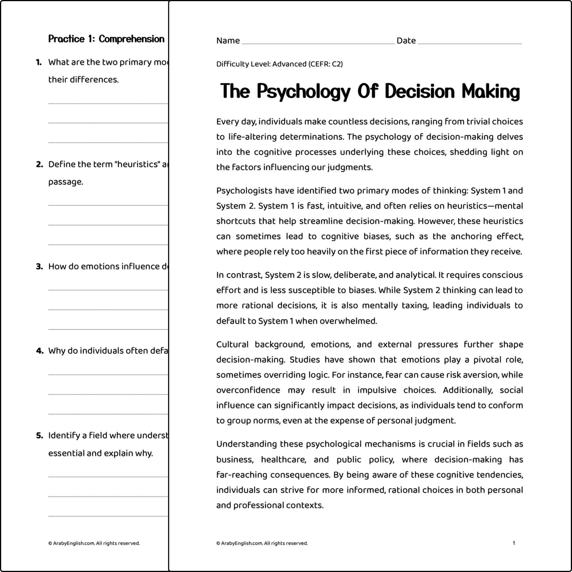 C2 Reading Worksheet: The Psychology of Decision Making