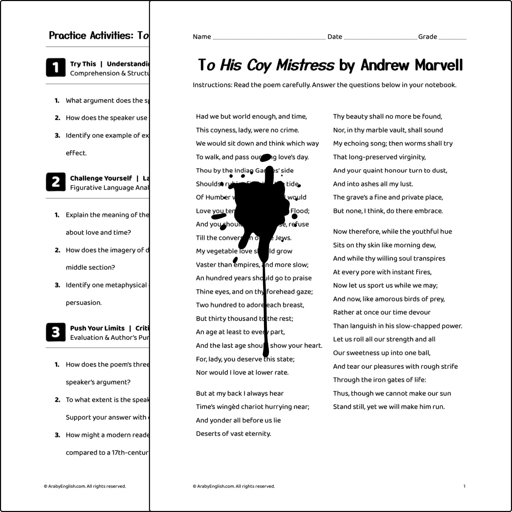 Grade 12 Worksheet: To His Coy Mistress by Andrew Marvell