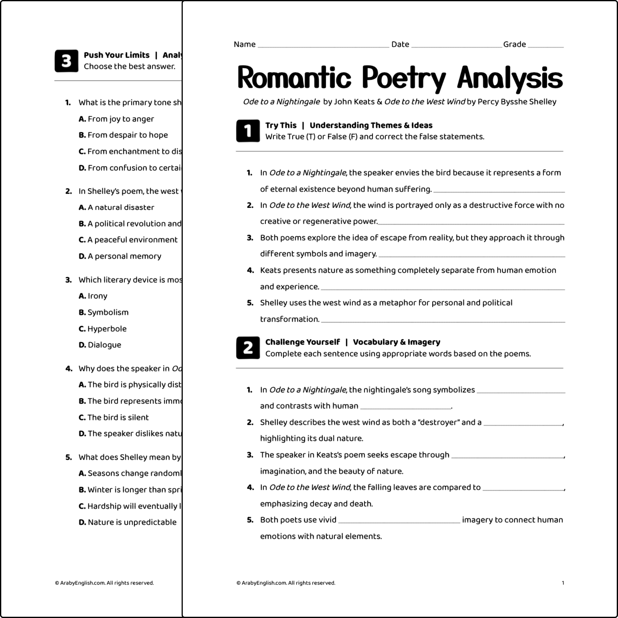 Romantic Poetry Analysis Worksheet