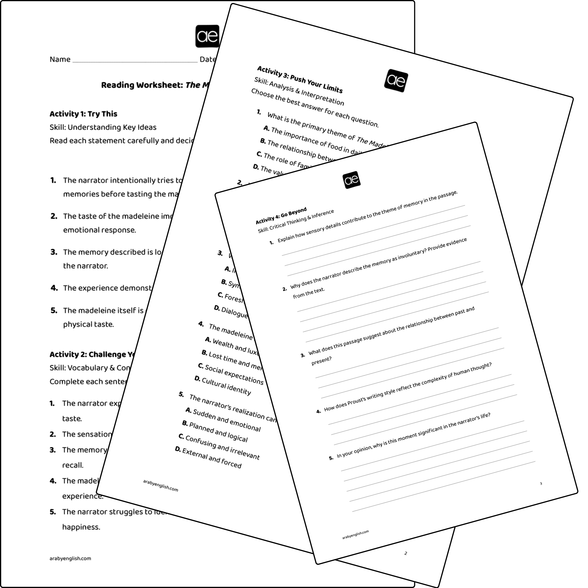 Reading Worksheet: The Madeleine by Marcel Proust