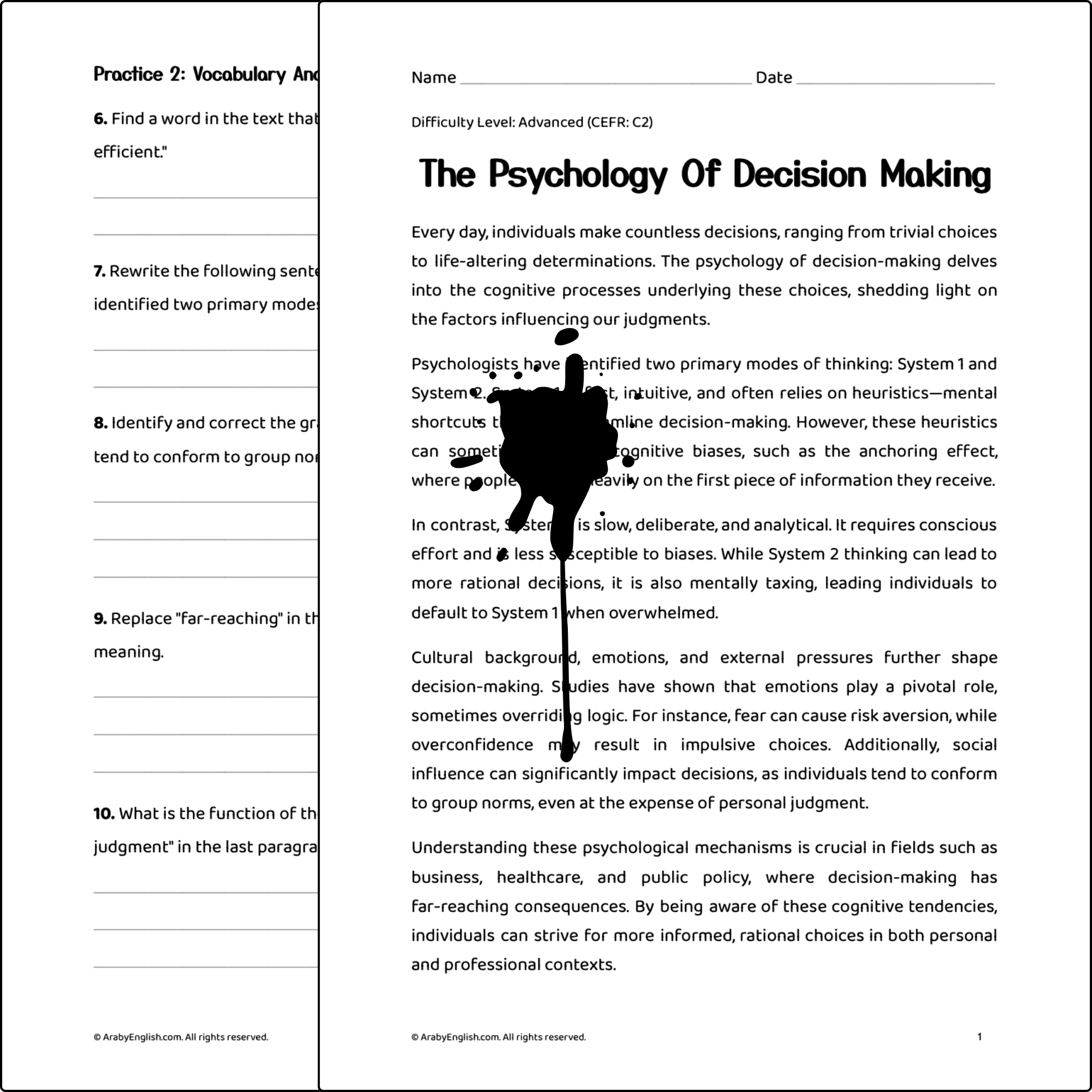 C2 Reading Worksheet: The Psychology of Decision Making