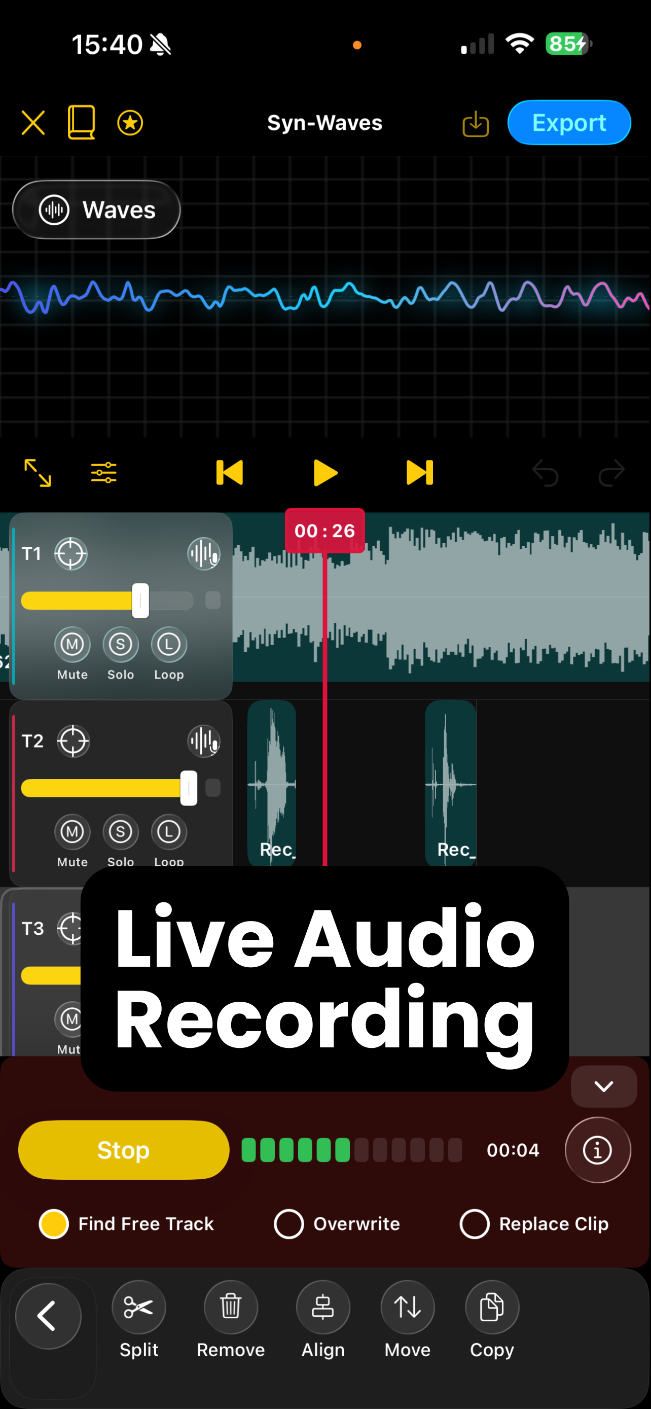 Syn-Waves recording audio on a waveform timeline