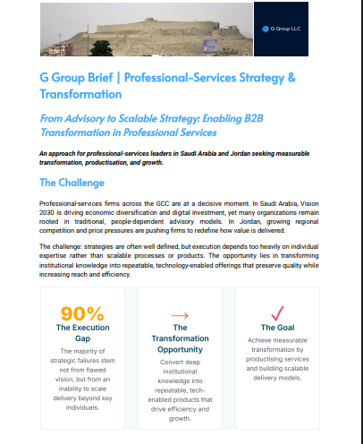 This G Group Brief explores how professional-services firms in Saudi Arabia and Jordan can evolve from traditional advisory models to productised, technology-enabled delivery aligned with Vision 2030. Drawing on two decades of consulting experience a