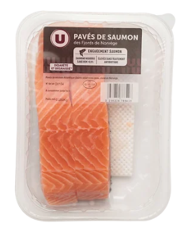 U Pavé de saumon, Salmo salar, avec peau, élevé en Norvege, 2 pièces,barquette 250g