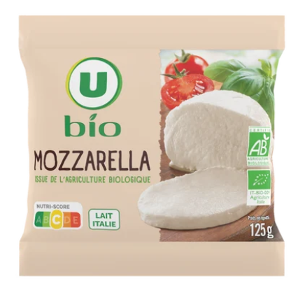 U BIO Mozzarella au lait pasteurisé 19% de MG, 125g