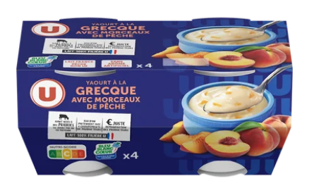 U Yaourt à la grecque avec morceaux de pêche 4x150g