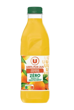 U Pur jus d'orange sans pulpe, zéro résidu de pesticides, bouteille 1L