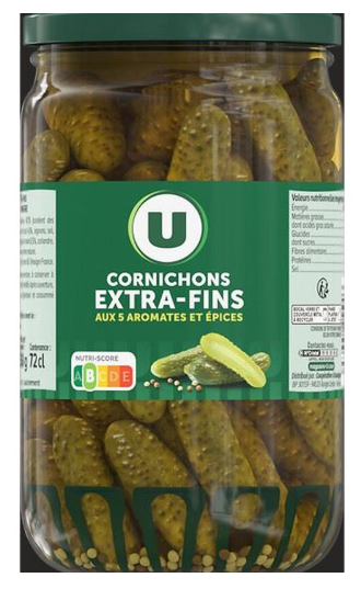 Cornichons extra-fins au vinaigre bocal de 72cl, 360g