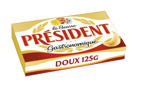 Beurre doux PRESIDENT, 82% de MG, plaquette de 125g