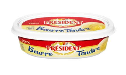 Beurre tendre doux 82% de MG PRESIDENT, barquette de 125g