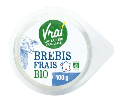 Fromage au lait pasteurisé bio de brebis VRAI, 17% de MG, 100g