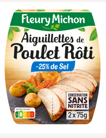 Aiguillettes tranchées poulet rôti -25% de sel Conservation sans nitrite FLEURY MICHON 2x75g - 150g