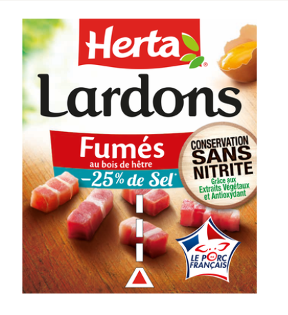 Lardons fumés -25% de sel conservat.sans nitrite HERTA 2x75g