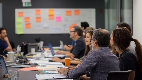 A diverse group of people sitting around a conference table in a meeting room, engaging in a discussion with laptops, notebooks, and cups. A whiteboard with colorful sticky notes is on the wall in the background.