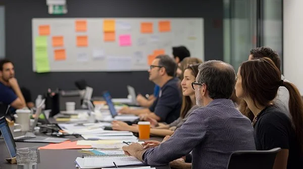People sitting at a conference table in a meeting room with a whiteboard covered in notes in the background.