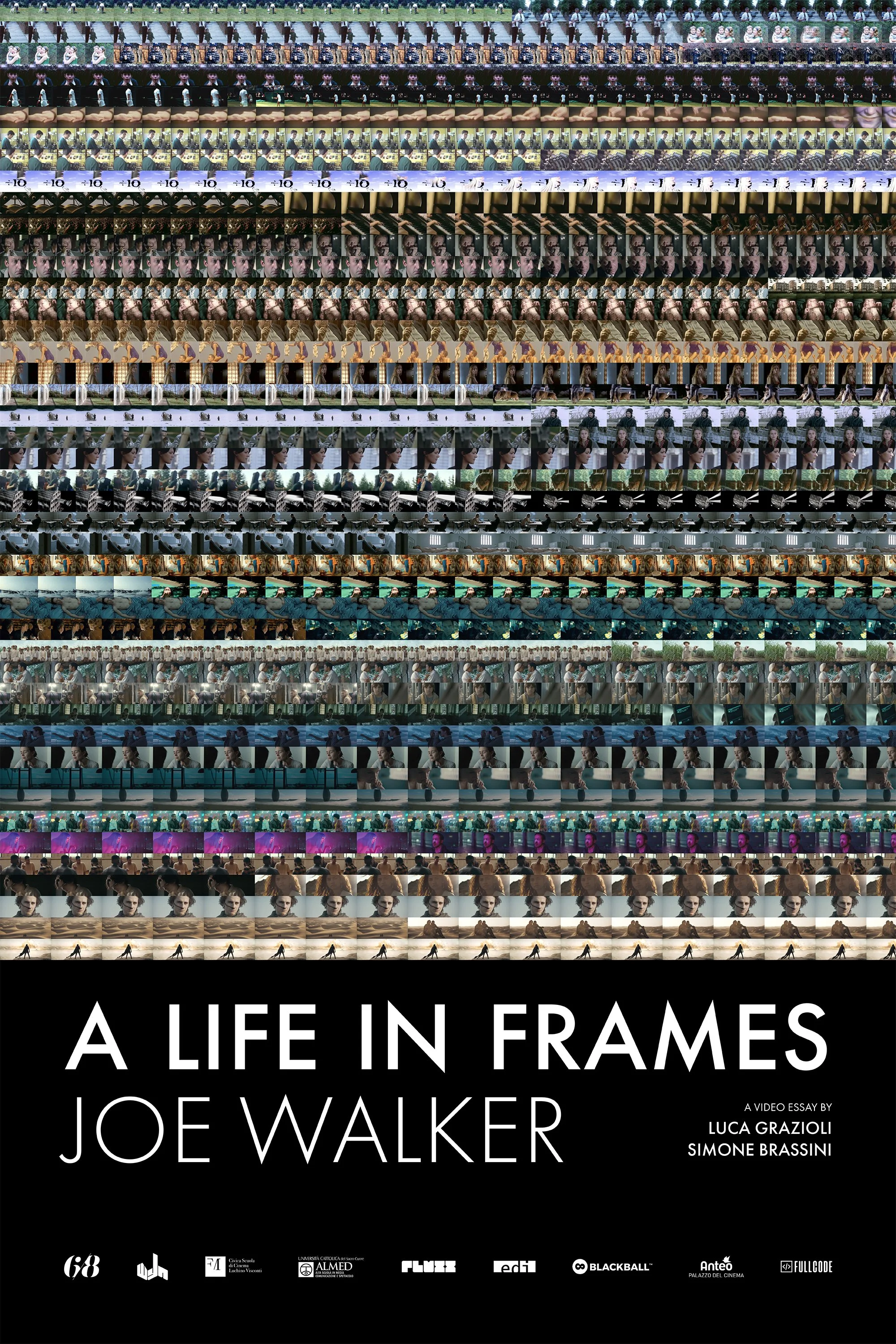 Copertina di un video saggio intitolato 'A Life in Frames' di Joe Walker, con un collage di frammenti di film disposti a mosaico.