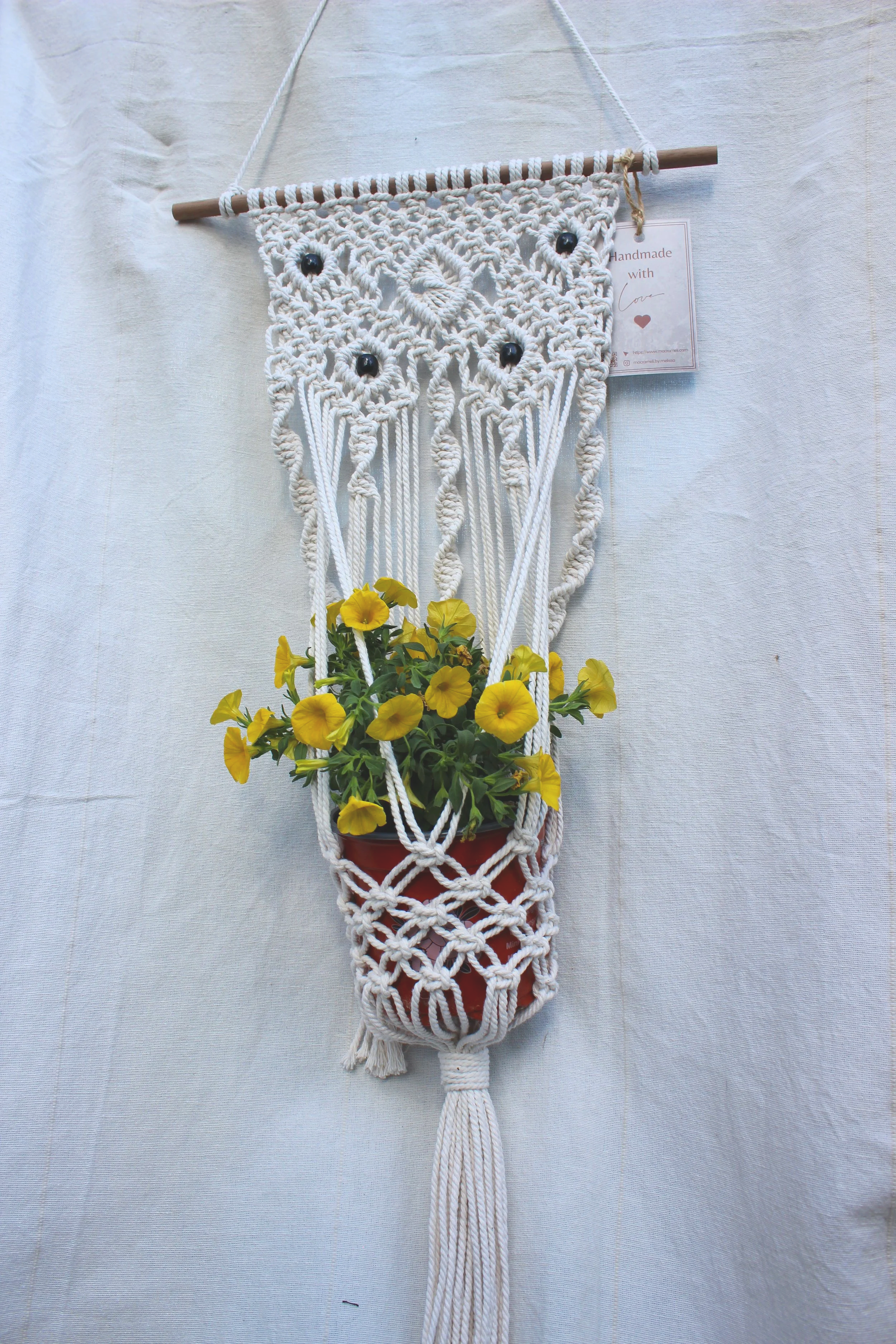 White Macramé Plant Hanger with Wood & Black Beads